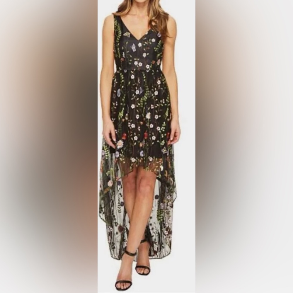 Adrienna Papell Tulle Embroidered Butterfly Floral Black Dress US 14